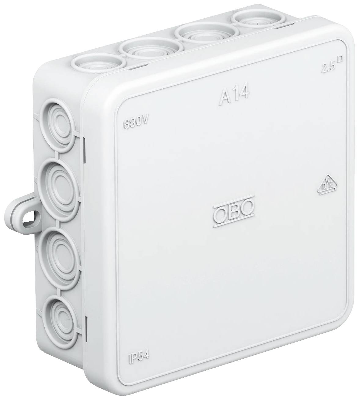 Eine weiße elektrische Abzweigdose mit seitlichen Kabelöffnungen, Aufschrift 'OBO A14 650V', für Kabelverbindungen innen.