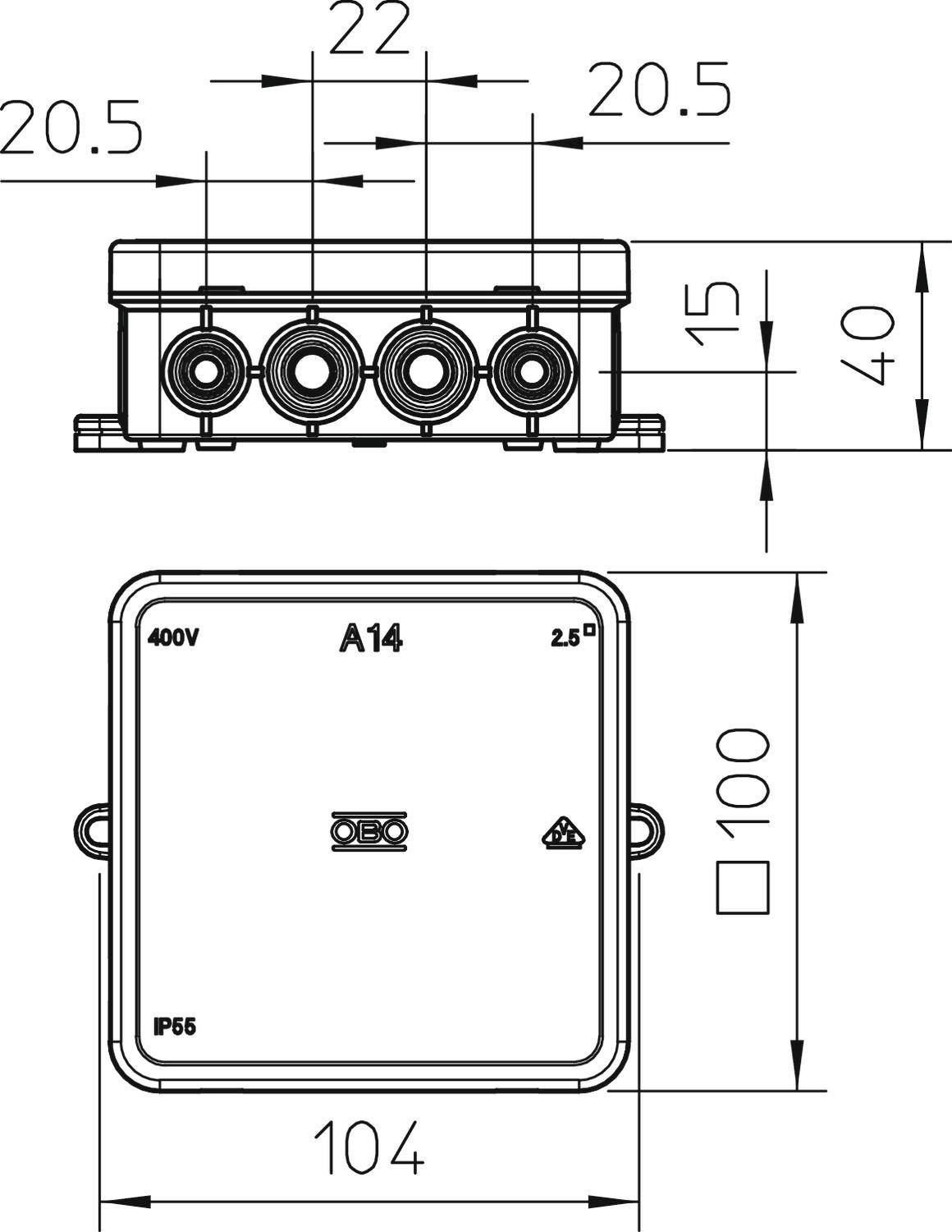 Technische Zeichnung einer elektrischen Anschlussdose, quadratisch, mit vier Kabelöffnungen. Maße: 104x100 mm, IP55. Anschlusswerte 400V, A14, 2.5D.