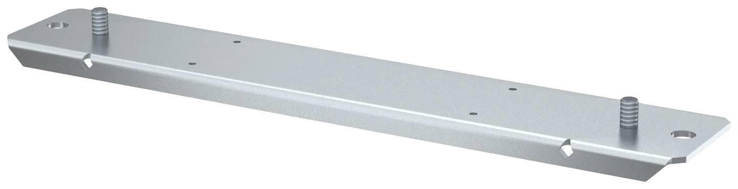 Metallische Montageplatte mit zwei aufragenden Schrauben, rechteckig mit leicht abgeschrägten Ecken, auf weißem Hintergrund.