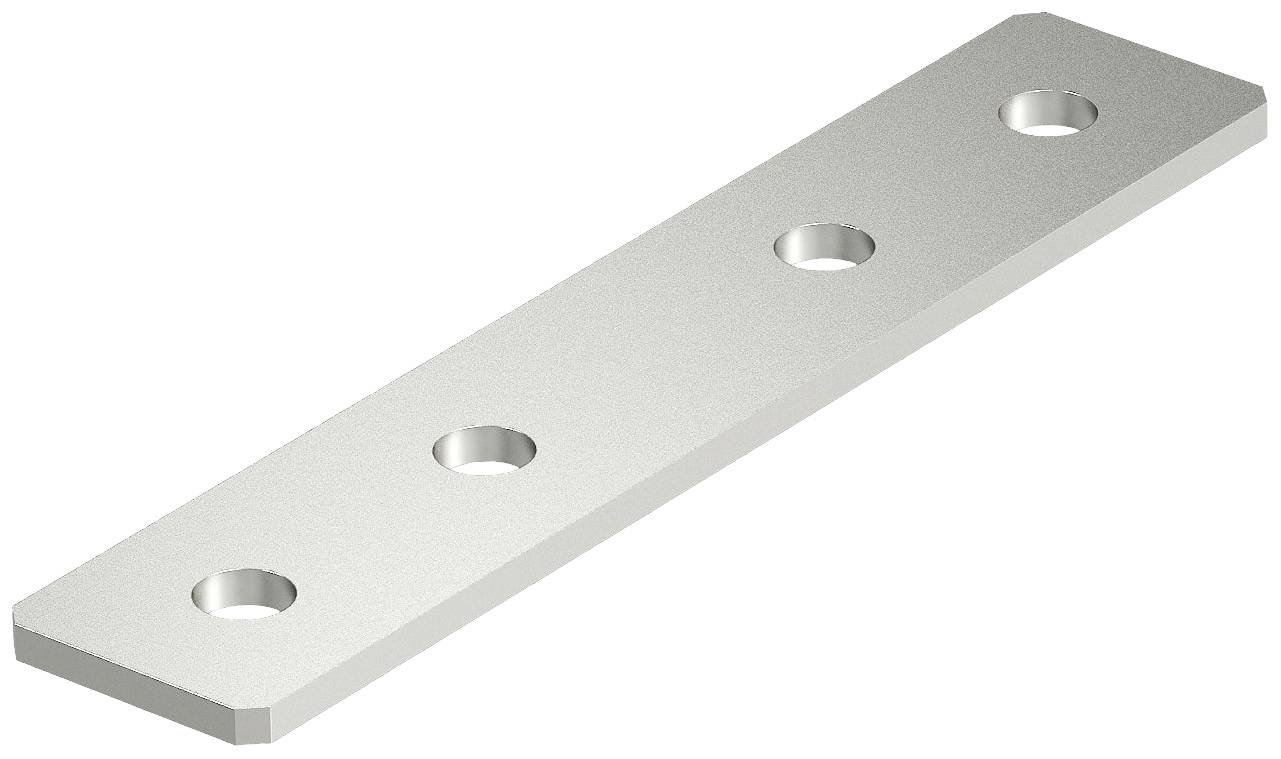 Eine rechteckige Metallplatte mit vier gleichmäßig verteilten Löchern.