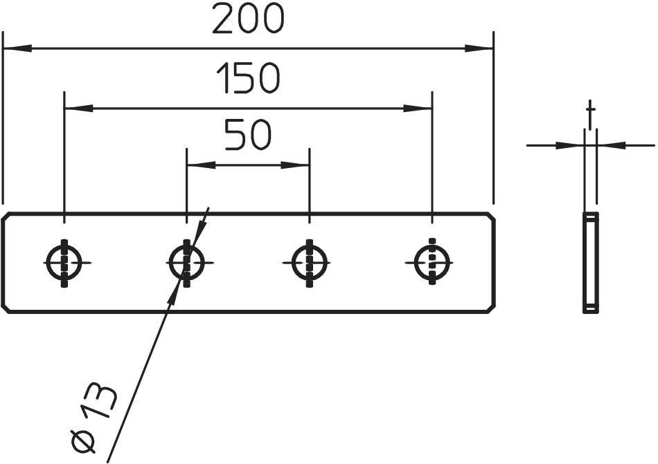 Technische Zeichnung eines Metallbalkens mit vier Löchern. Gesamtlänge 200 mm, Lochabstand 50 mm, Locher-Durchmesser 13 mm.