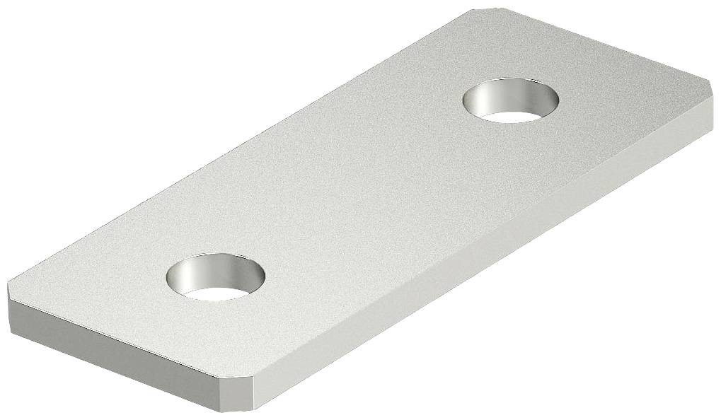 Rechteckige Metallplatte mit zwei Löchern, möglicherweise Teil einer Bau- oder Maschinenkonstruktion.