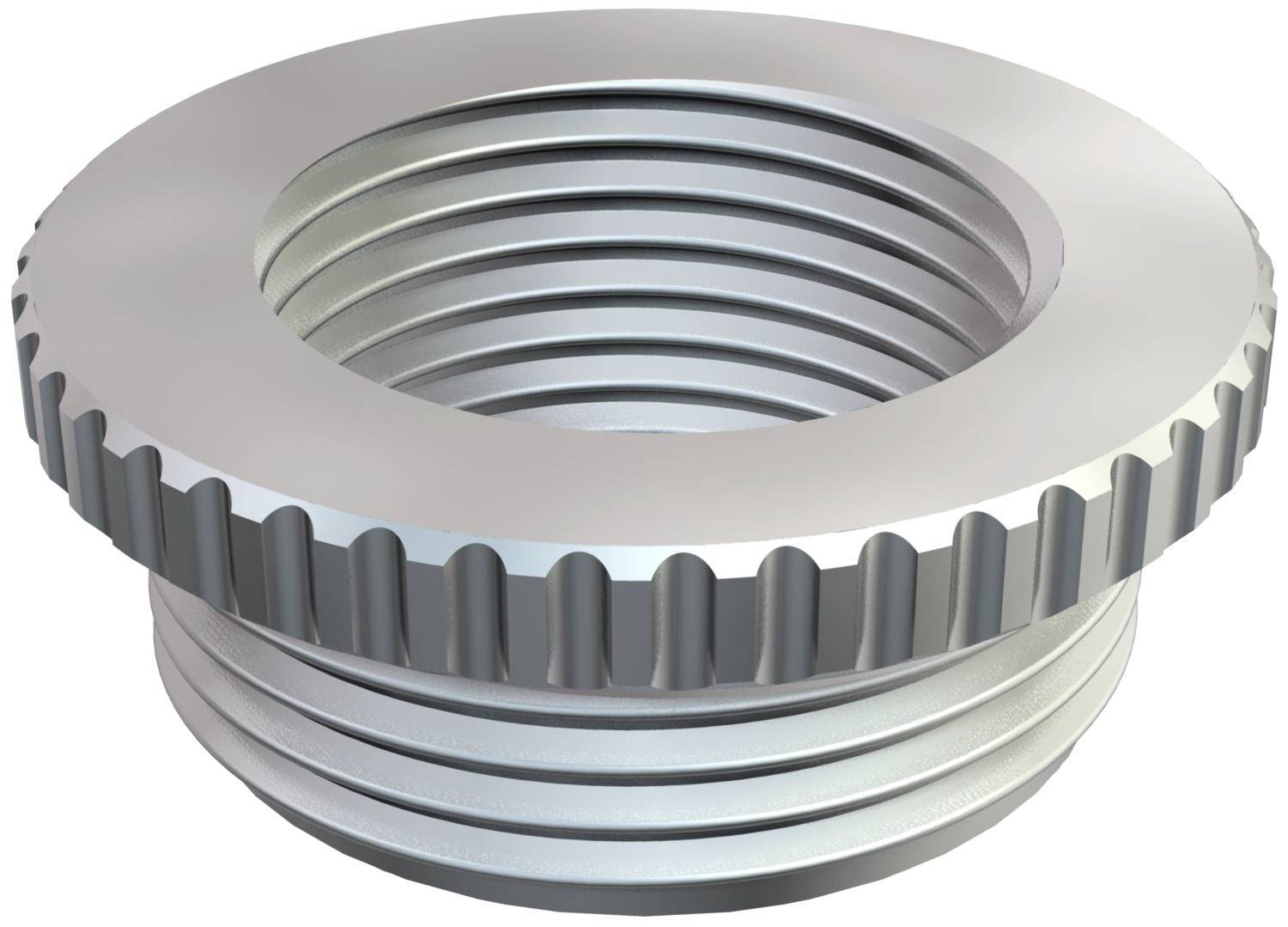 Ein metallisches, gerändeltes Gewindeeinsatz, zylindrisch form, zeigt tiefe Rillen und eine breite, flache Oberseite. Ideal für mechanische Befestigungen.