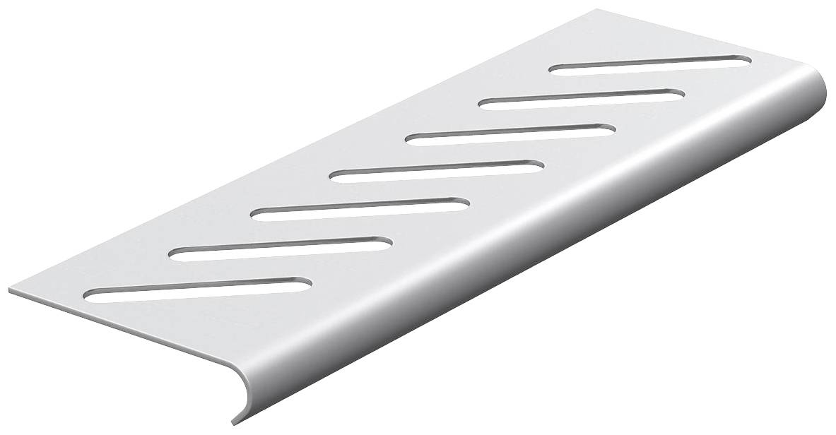 Metallprofil mit mehreren schrägen Schlitzen, vermutlich zur Belüftung oder Kabelordnung. Silberne Oberfläche.