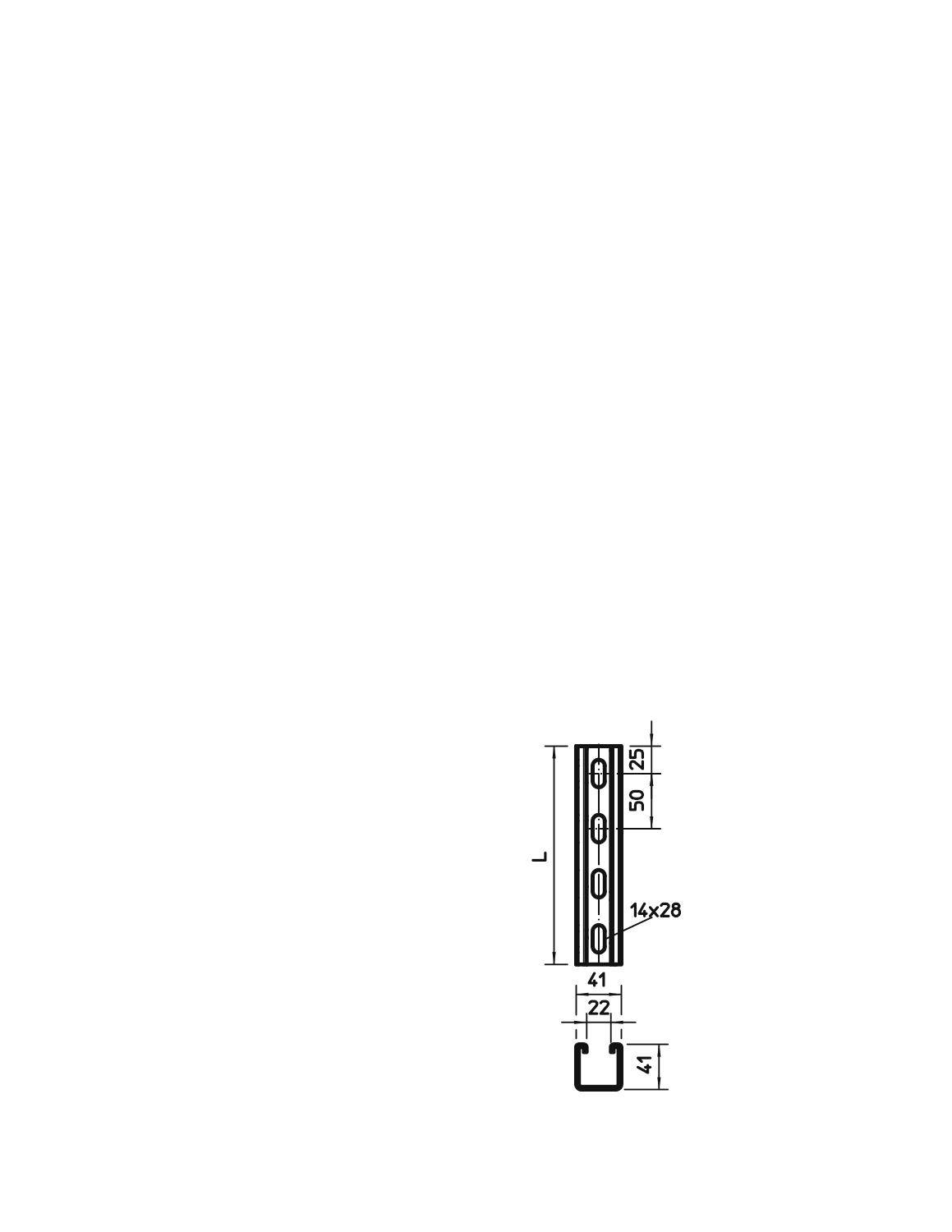 Technische Zeichnung eines Metallprofils mit genauen Maßen und Bohrlöchern; Seitenansicht links mit Breite, Höhe und Lochabständen.