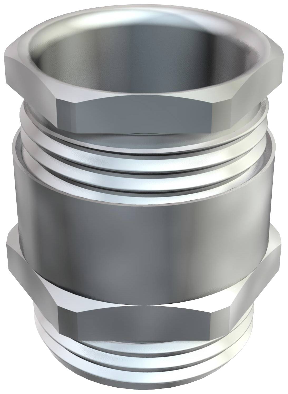Metallischer Anschluss mit Gewinden, zylindrischer Form und mehreren Rillen, geeignet für industrielle und mechanische Anwendungen.