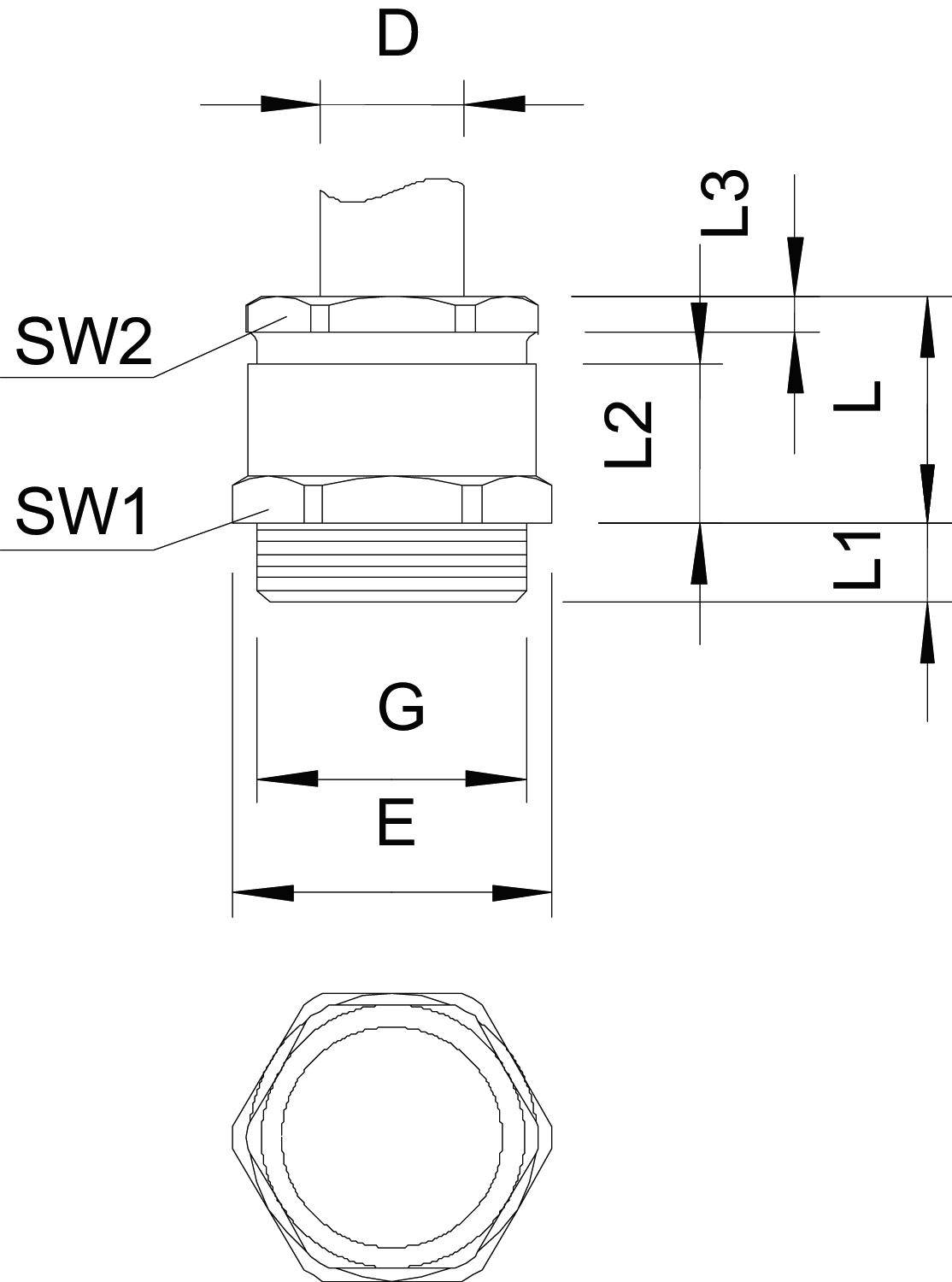 Technische Zeichnung eines zylindrischen Steckverbinders mit Maßangaben: D, G, E, L, L1, L2, und L3. SW1 und SW2 sind Schraubenschlüsselweiten.