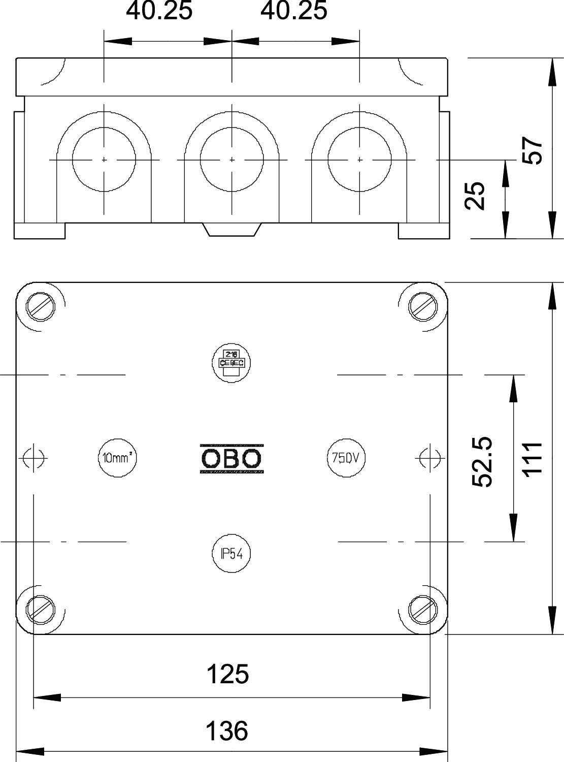 Technische Zeichnung eines Anschlusskastens mit Maßen: Breite 136 mm, Höhe 111 mm, Tiefe 57 mm, Spannung 750 V, Schutzart IP54.