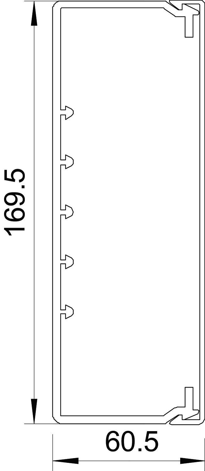Querschnitt eines rechteckigen Bauteils mit Haken an einer Seite. Maße: 169,5 mm Länge, 60,5 mm Breite.