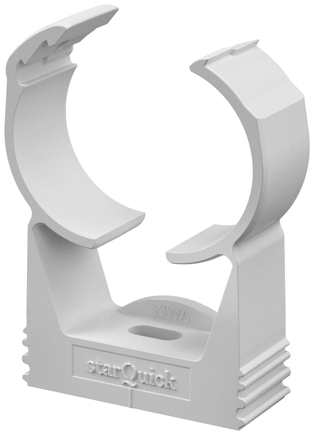 Kabelclip in grauer Farbe aus Kunststoff. Verfügt über eine offene, kreisförmige Halterung mit geripptem Sockel für stabile Befestigung.