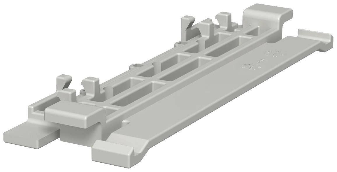 Graues Plastikteil mit Clips und Rillen, wahrscheinlich ein Befestigungselement in einer technischen oder mechanischen Anwendung.