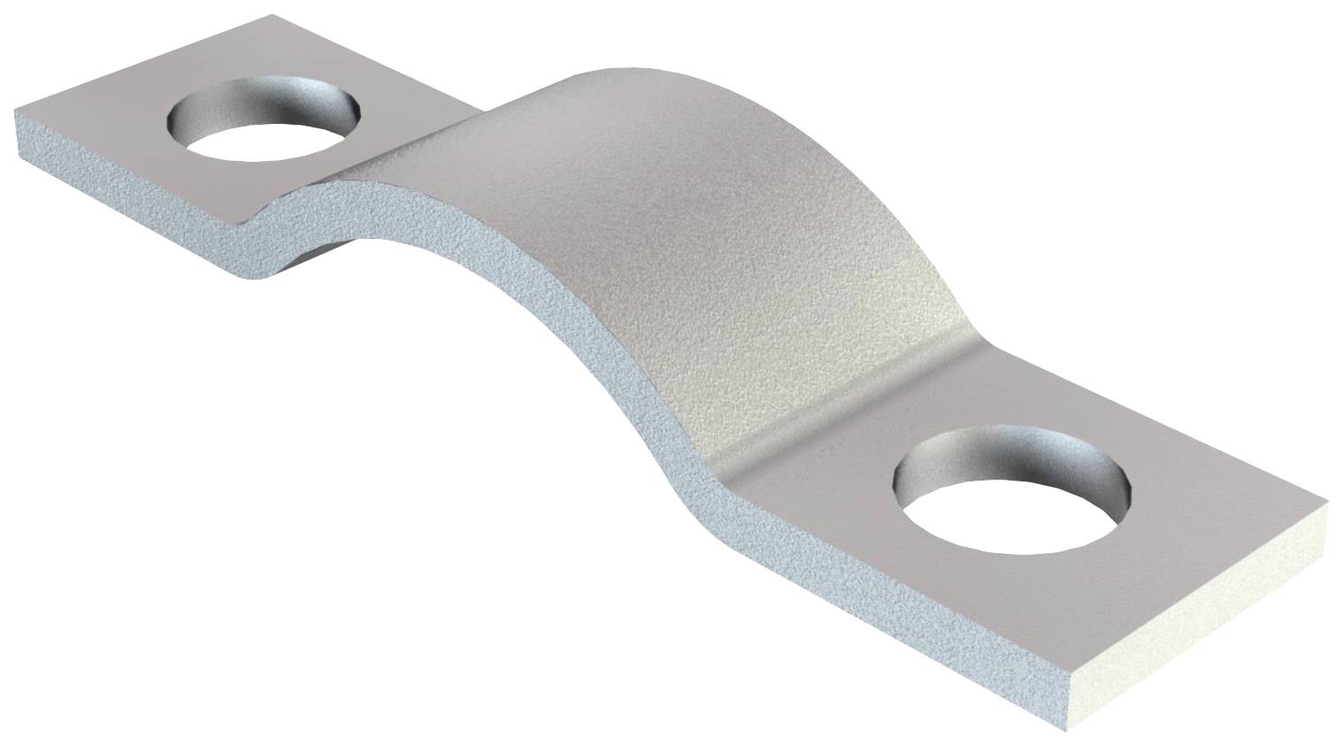 Metallische Rohrschelle aus glänzendem Material mit zwei Montageschraubenlöchern, gebogen in der Mitte für Rohrbefestigung.