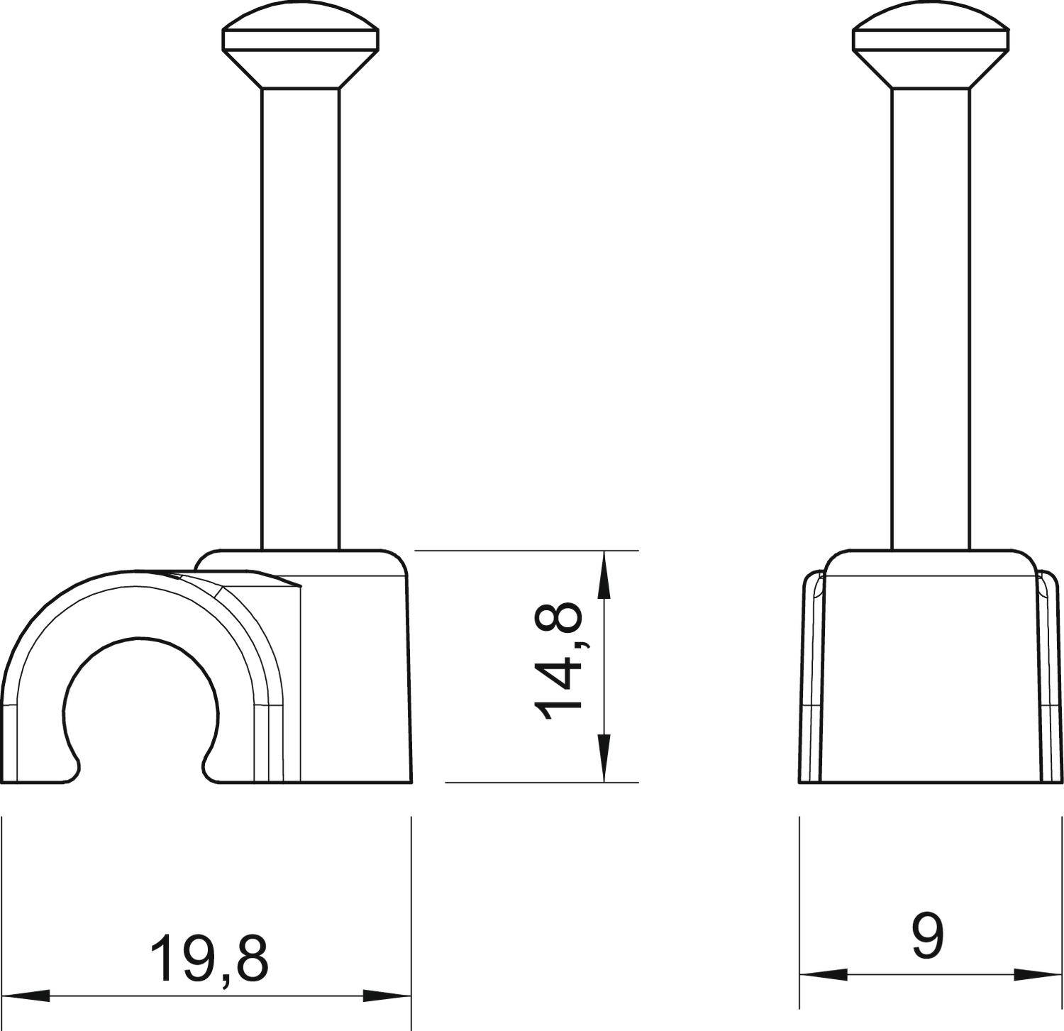 Technische Zeichnung eines Kabelclips mit Maßen: Höhe 14,8 mm, Breite 19,8 mm für die Bogenöffnung, 9 mm Gesamtbreite.