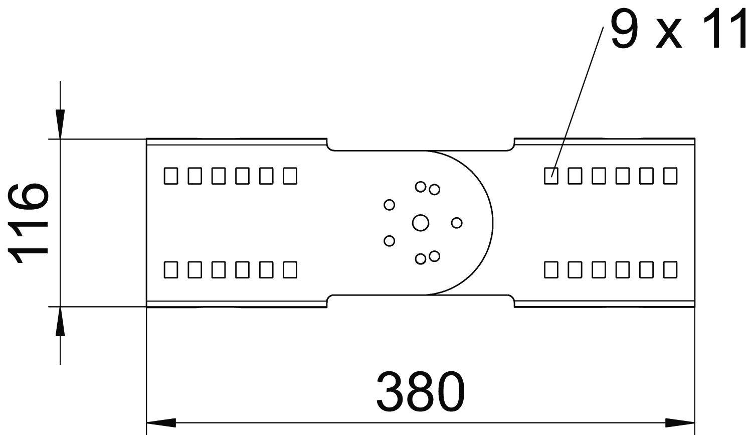 Technische Zeichnung eines metallischen Befestigungsteils mit den Maßen 380 mm x 116 mm und Bohrungen, beschriftet '9 x 11'.