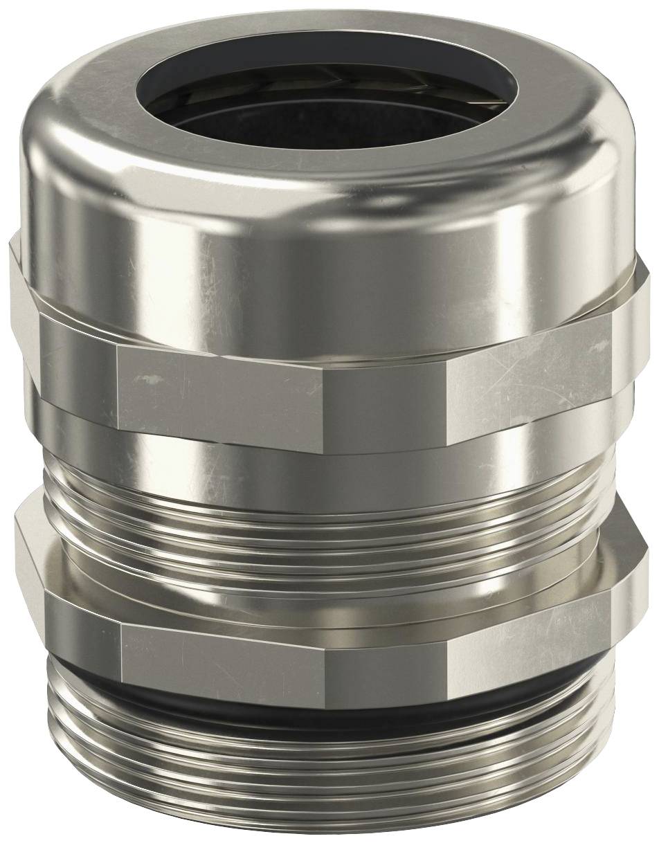 Metallischer Kabelverschraubung. Sie hat ein glänzendes, zylindrisches Design und dient zur sicheren Befestigung und Abdichtung von Kabeln.