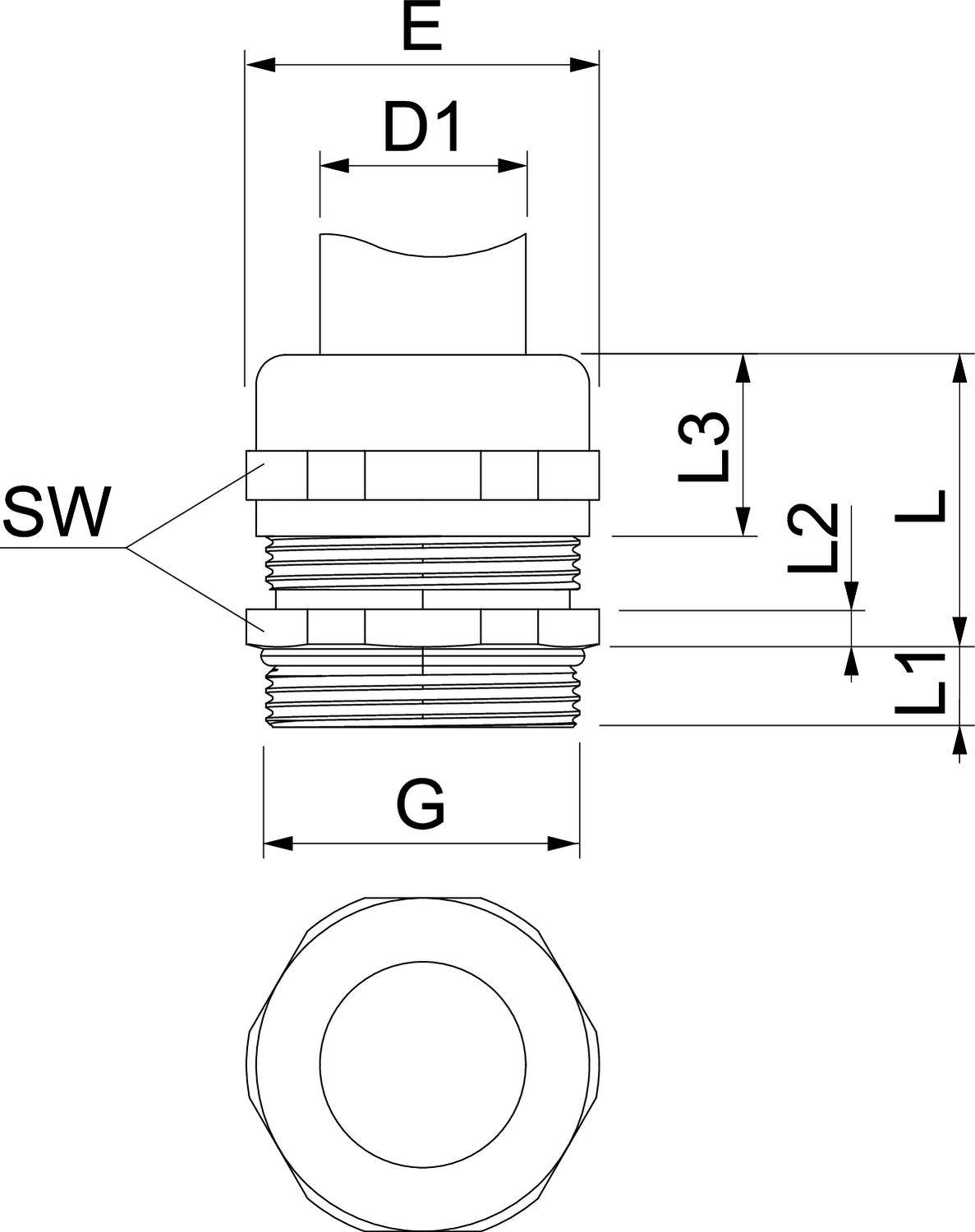 Technische Zeichnung eines Metallverbinders mit Maßen: E, D1, L, L1, L2, L3, SW, G. Zeigt Front- und Seitenansicht mit Gewindetails.