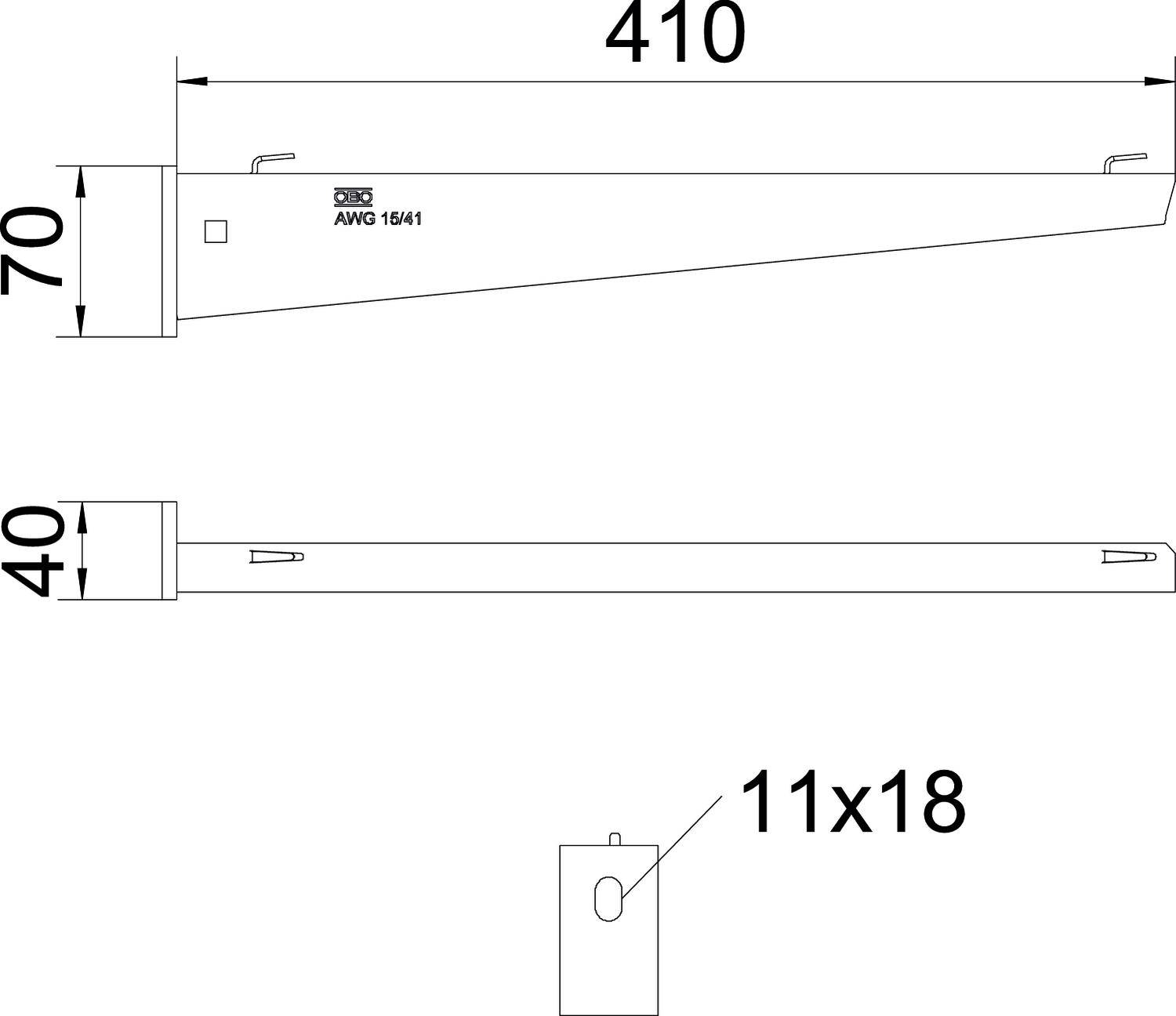 Technische Zeichnung eines Werkzeugs mit Maßen. Länge: 410, Breite: 70, Höhe oben: 40. Kleines Detail: 11x18. Modelnummer: AWG 15441.