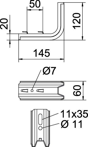 Technische Zeichnung eines Metallwinkels mit L-förmigem Profil. Maße: 145 mm Länge, 120 mm Höhe, 20 mm Breite. Bohrlöcher von Ø 7 mm und 11 mm.
