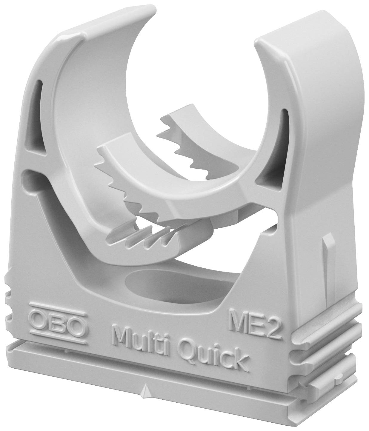Eine graue Kunststoff-Klemme mit der Aufschrift 'OBO Multi Quick ME2', die zur Befestigung von Rohren oder Kabeln dient.