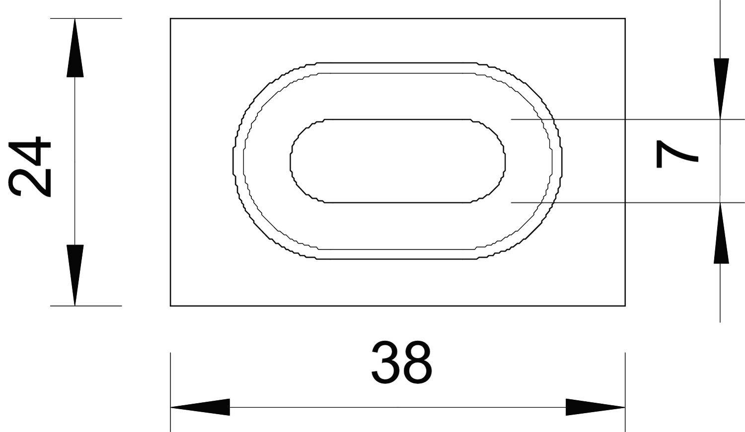 Technische Zeichnung eines rechteckigen Objekts mit den Maßen 38 x 24. Es hat ein ovales Loch mit einer Breite von 7.