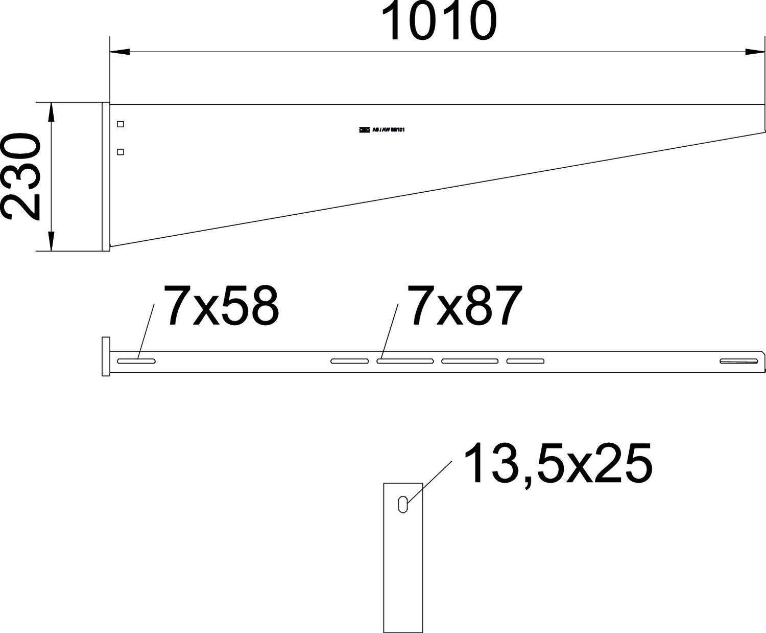 Technische Zeichnung eines Metallträgers mit Maßen: Länge 1010 mm, Höhe 230 mm. Seitenansichten mit Löchern von '7x58', '7x87' und '13,5x25'.