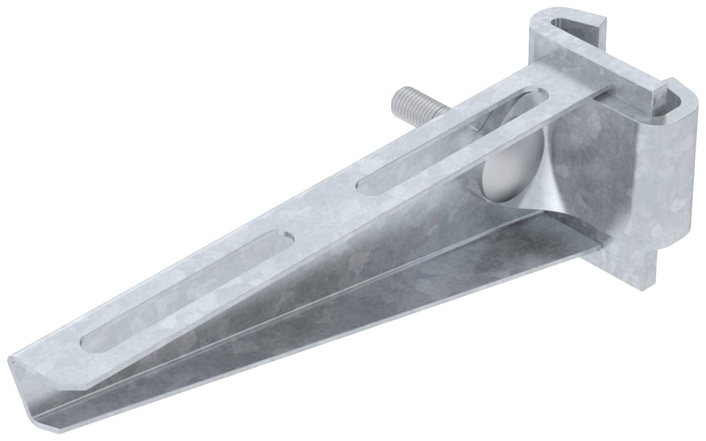 Metallhalterung mit schrägen Kanten und Langlöchern, befestigt mit einer Schraube, vermutlich zur Unterstützung oder Befestigung von Konstruktionsteilen.