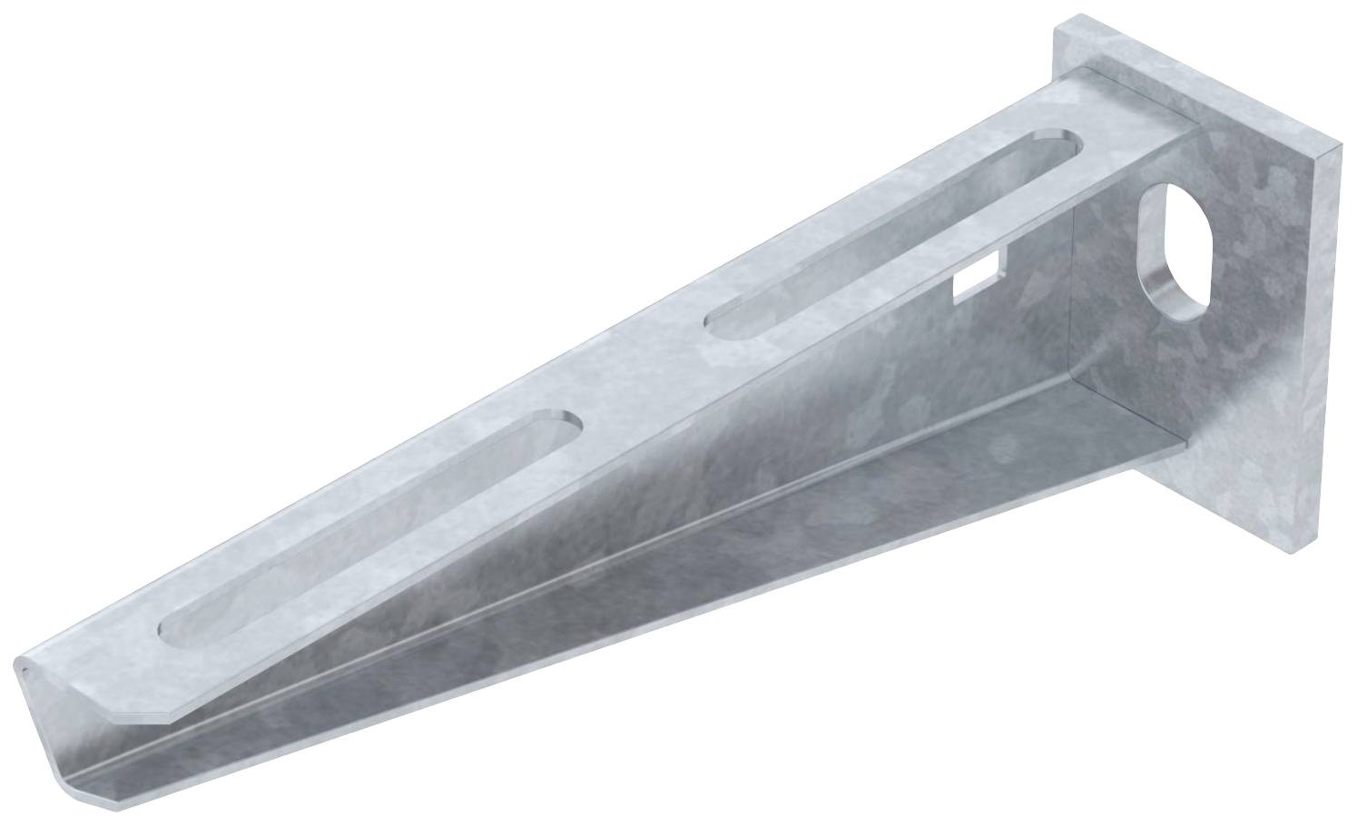 Einzelnes verzinktes Stahlwinkelprofil mit länglicher Ausstanzung an der Seite und zwei oben, verwendet zur stabilen Befestigung.