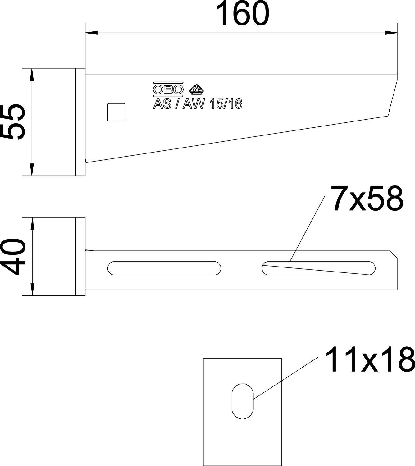 Technische Zeichnung einer Wandhalterung mit Maßen: Länge 160 mm, Höhe 55 mm, Breite 40 mm. Bohrungen: 7x58 mm und 11x18 mm.