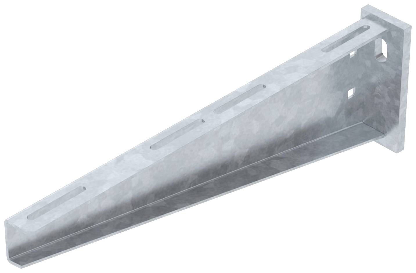 Eine Metallschiene mit Löchern zur Wandmontage, möglicherweise zur Befestigung von Regalen oder anderen Konstruktionen.