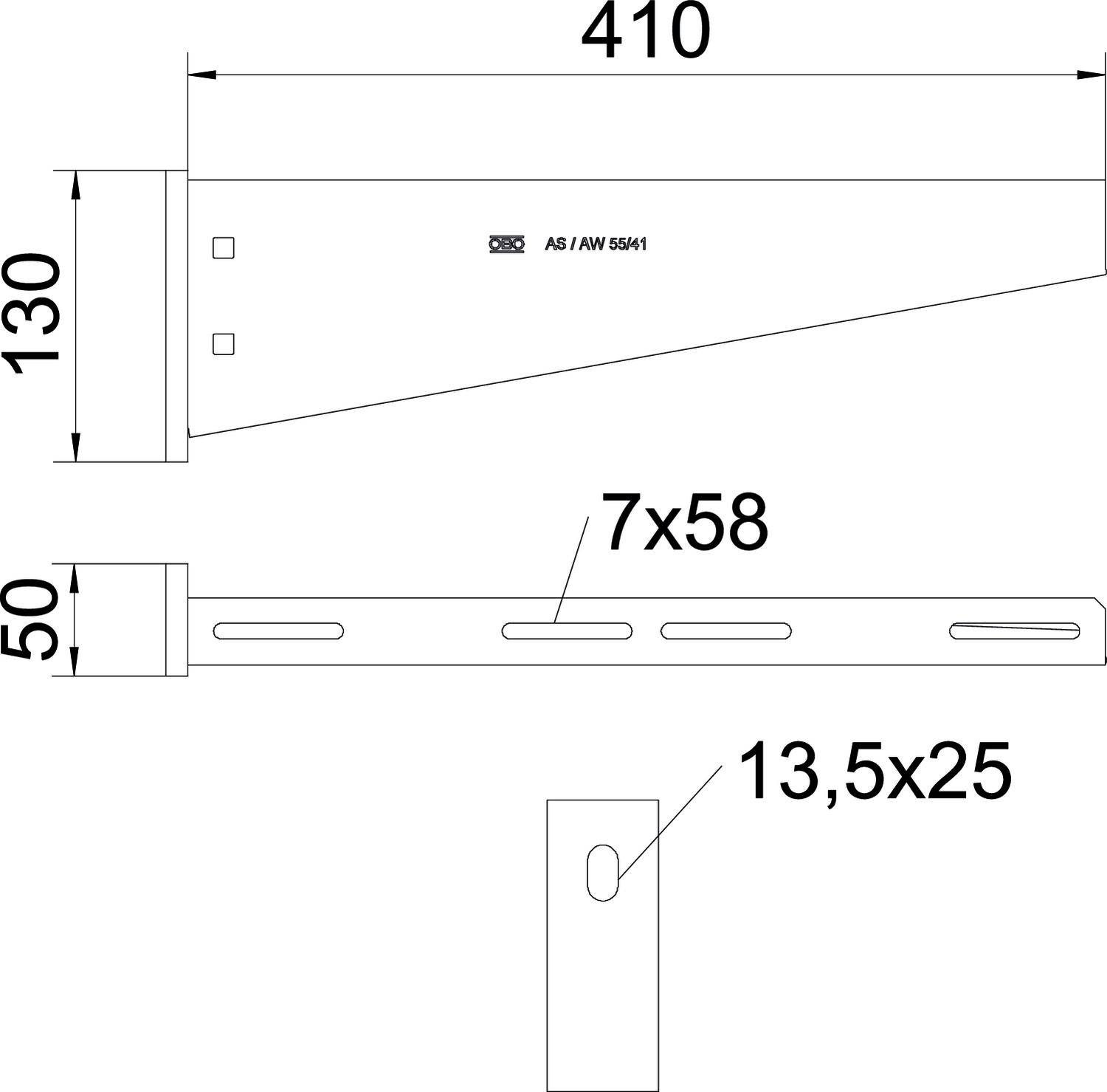 Technische Zeichnung eines Metallwinkels mit Maßen: Länge 410 mm, Höhe 130 mm, Breite 50 mm. Details zu Löchern: 7×58 mm, 13,5×25 mm.