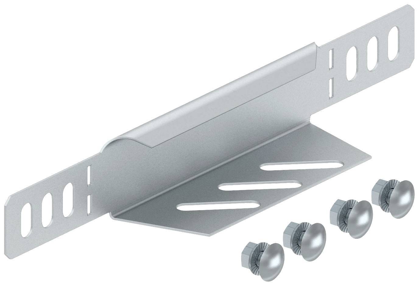 Metallwinkel mit vier Befestigungsschrauben. Geeignet für die Montage von strukturellen Komponenten an flachen Oberflächen.