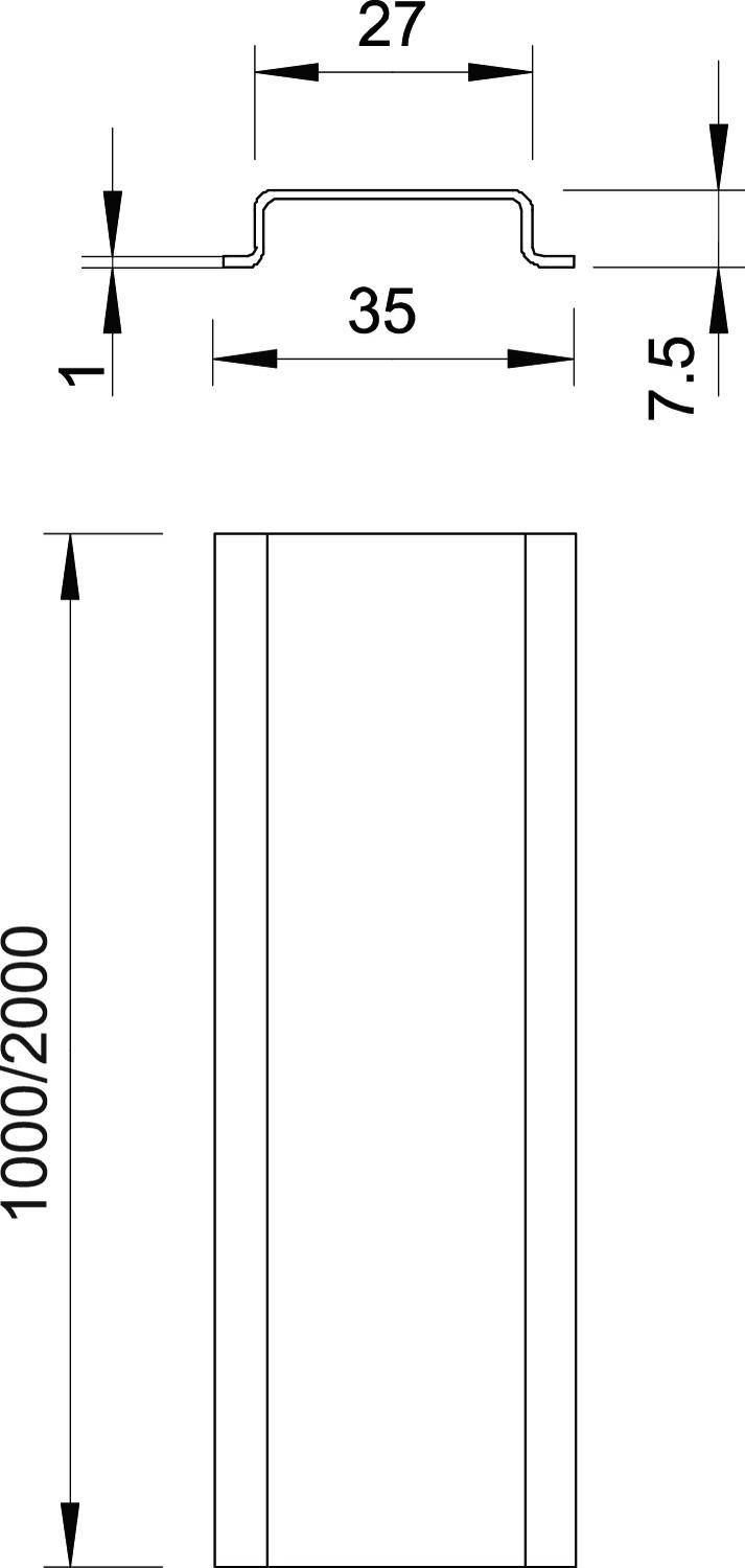 Technische Zeichnung eines rechteckigen Metallprofils mit Maßen: Breite 35 mm, Höhe 7,5 mm, Blechdicke 1 mm, Länge 1000/2000 mm.