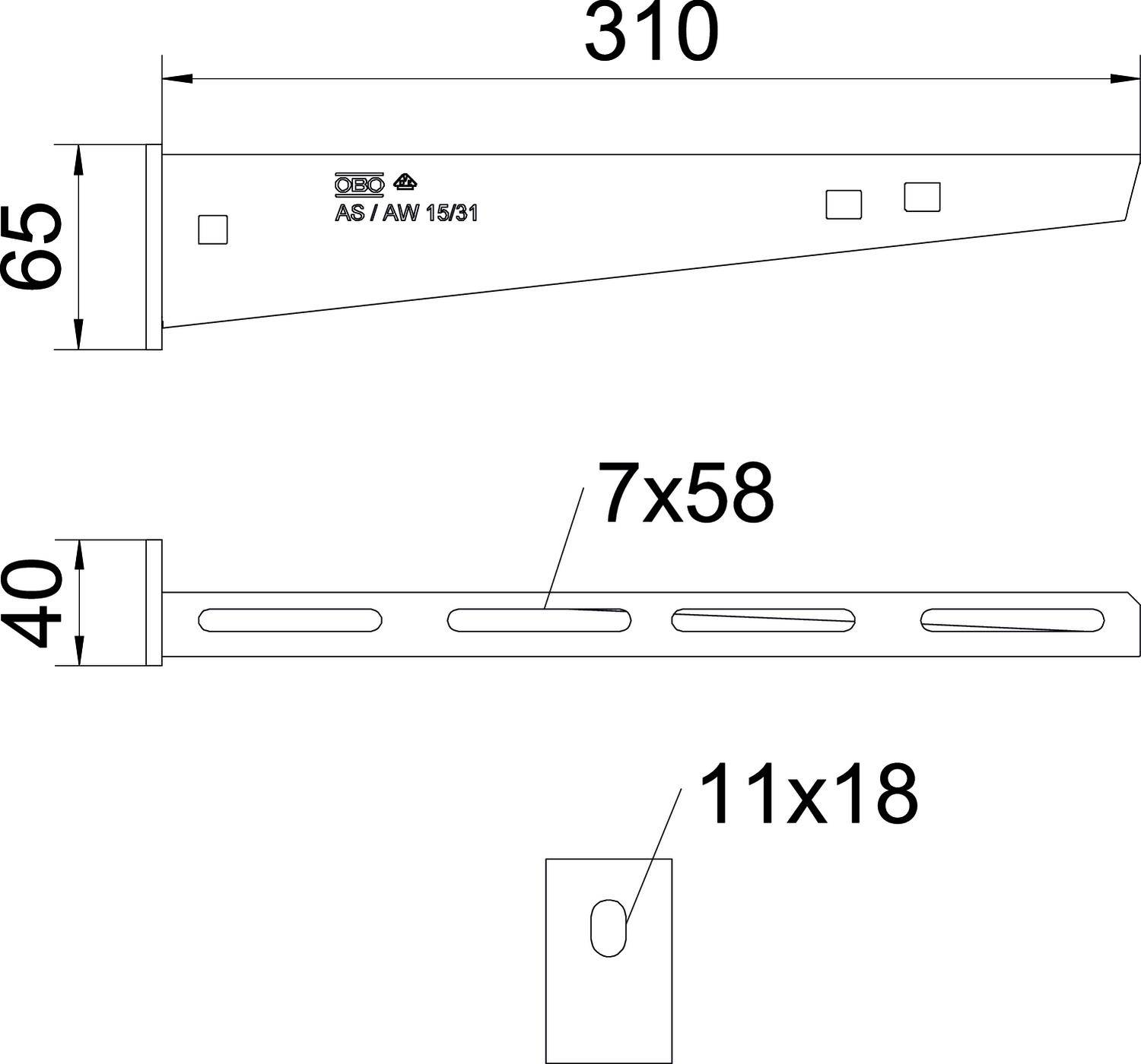 Technische Zeichnung eines Metallwinkels: Oben eine angewinkelte Seitenansicht mit Abmessungen von 310 mm Länge und 65 mm Höhe. Unten eine Vorderansicht mit drei ovalen Löchern, 7x58 mm und 11x18 mm.