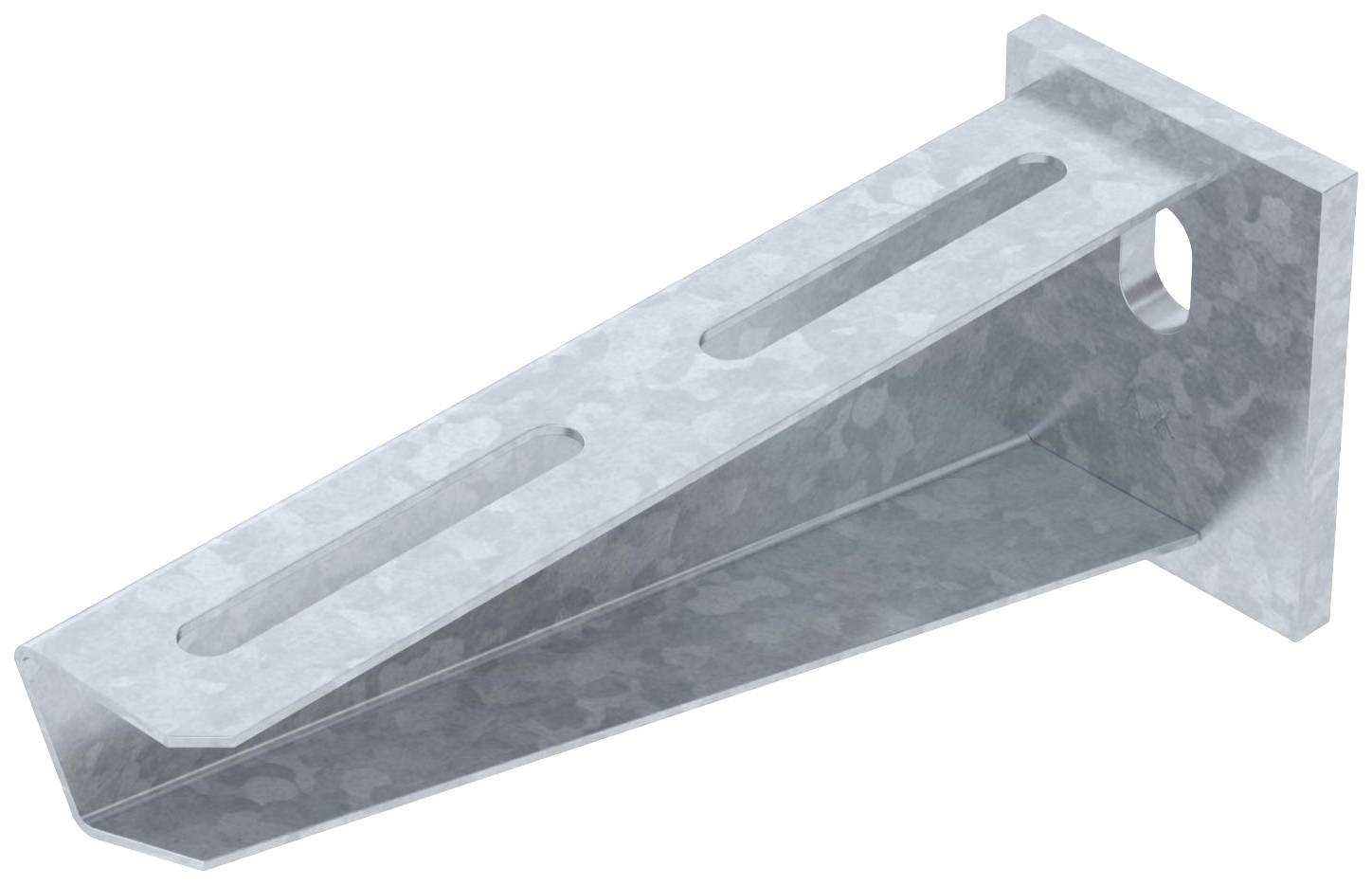 Metallhalterung mit zwei Langlöchern zur Befestigung. Eignet sich zur Montage an Wänden oder anderen Strukturelementen.