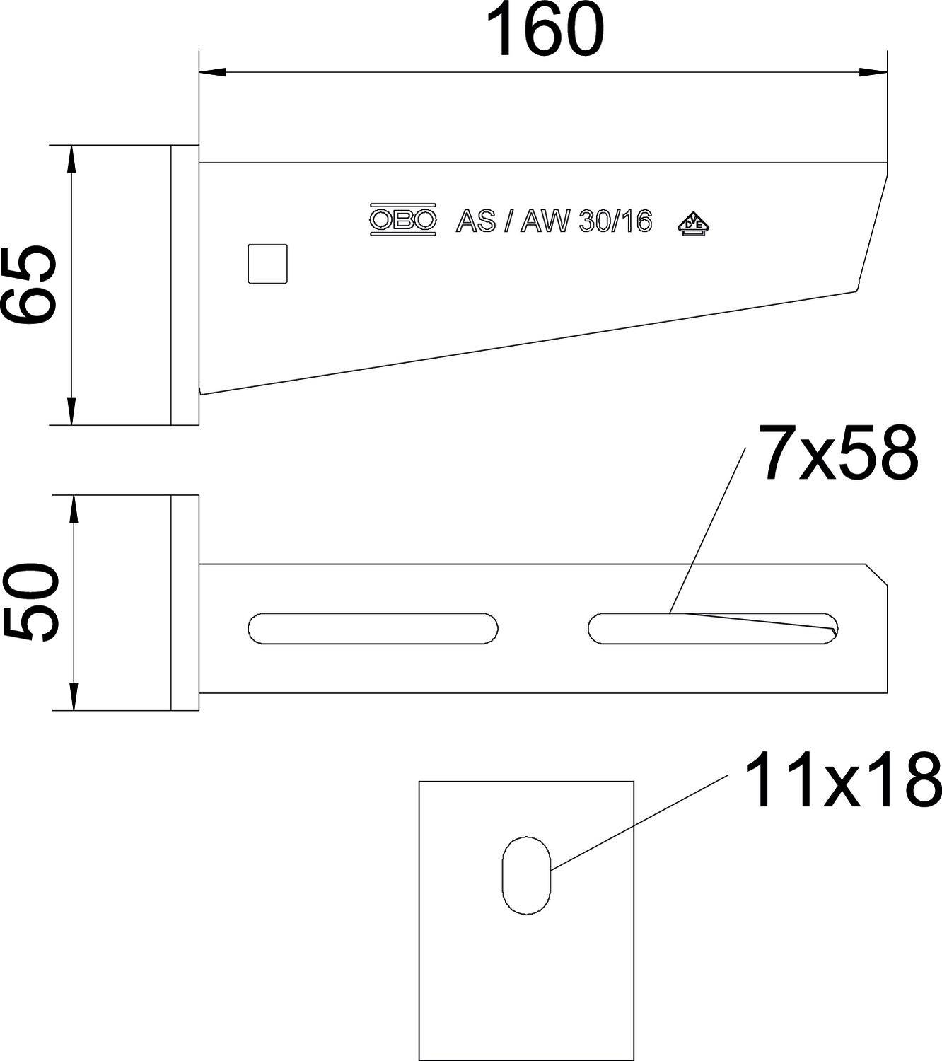 Technische Zeichnung eines Metallwinkels mit Maßen: oben 160 mm, seitlich 65 mm, Lochungen 7x58 mm und 11x18 mm.