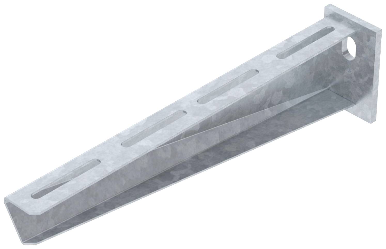 Metallwinkelträger in Grau, mit mehreren Schlitzen, vermutlich zur Befestigung an Wänden oder anderen Flächen.