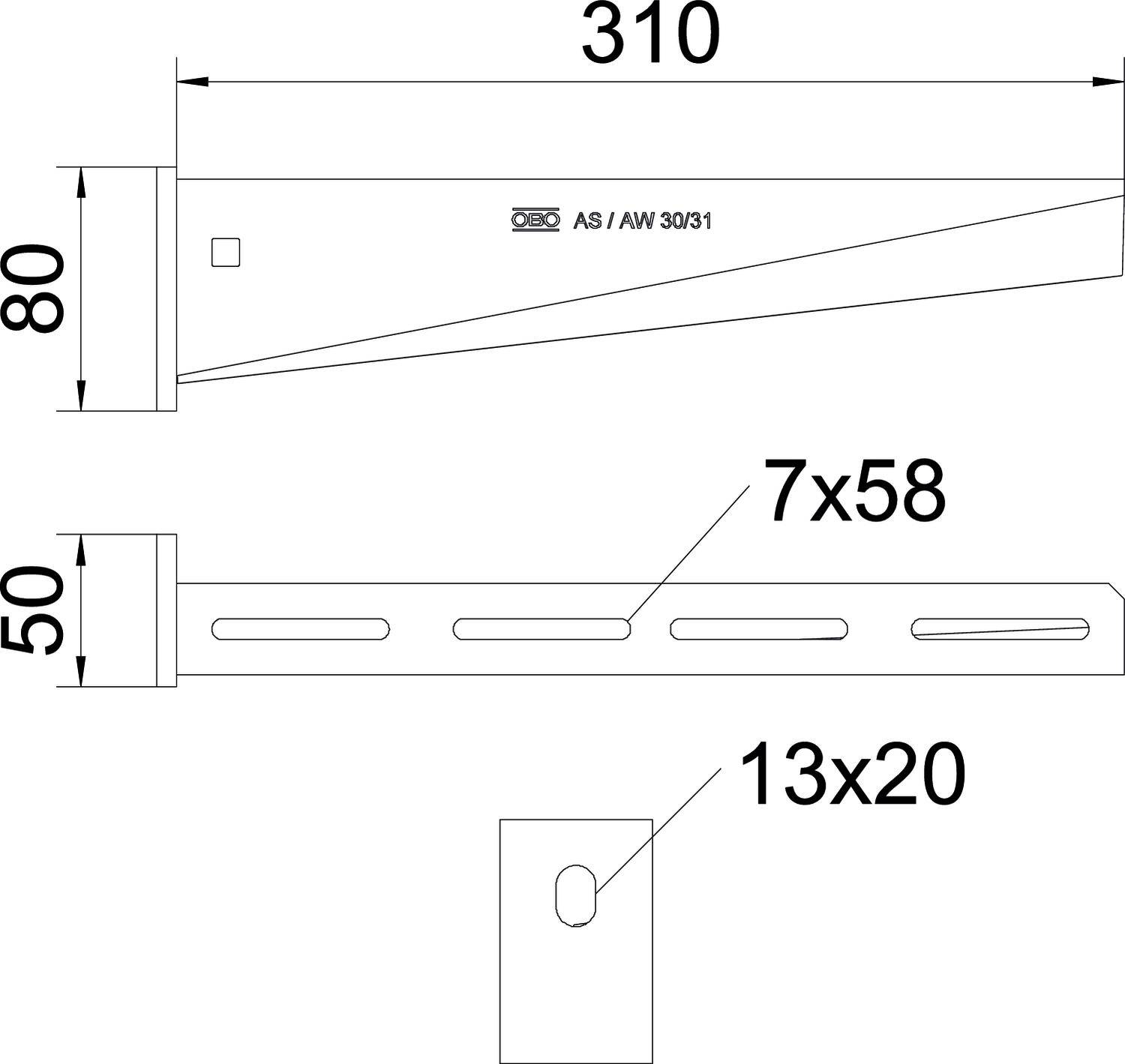 Technische Zeichnung einer Halterung. Oben links: Breite 80 mm, Länge 310 mm. Unten: drei Langlöcher 7x58, ein Loch 13x20 mm.
