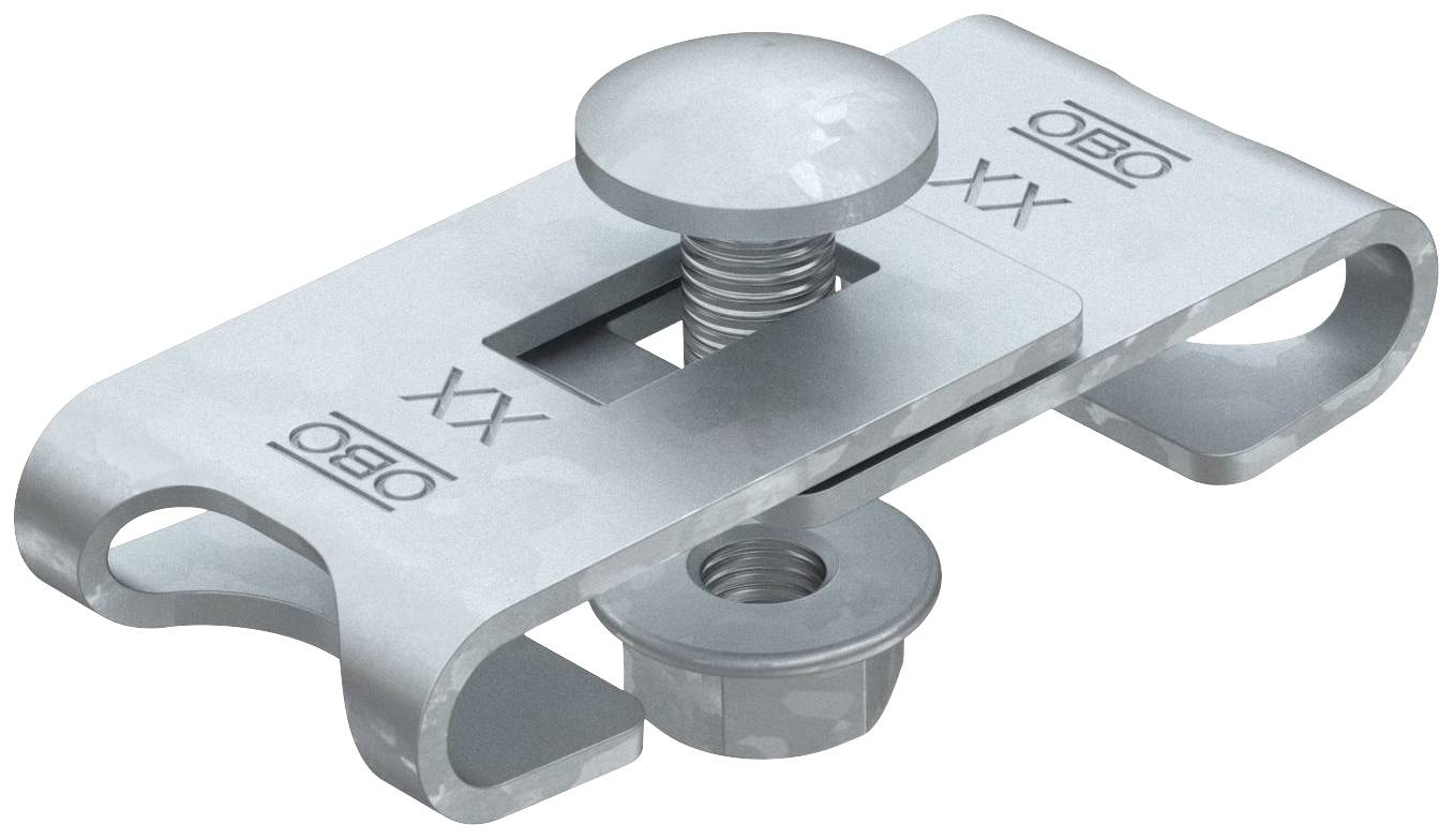 Metallische Kabelklemme mit Schraube zur Befestigung von Kabeln, beschriftet mit 'OBO' und 'XX'.