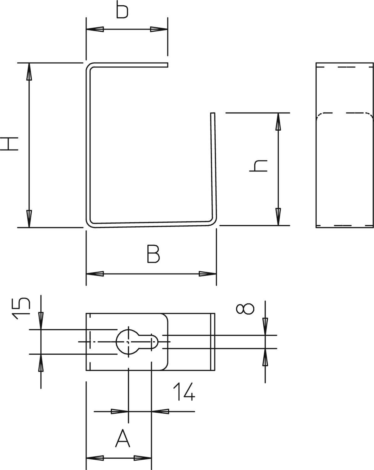Konstruktionszeichnung eines U-förmigen Metallprofils mit Maßen: H, B, A, b, h. Das Profil zeigt Vorderansicht, Seitenansicht und Draufsicht.