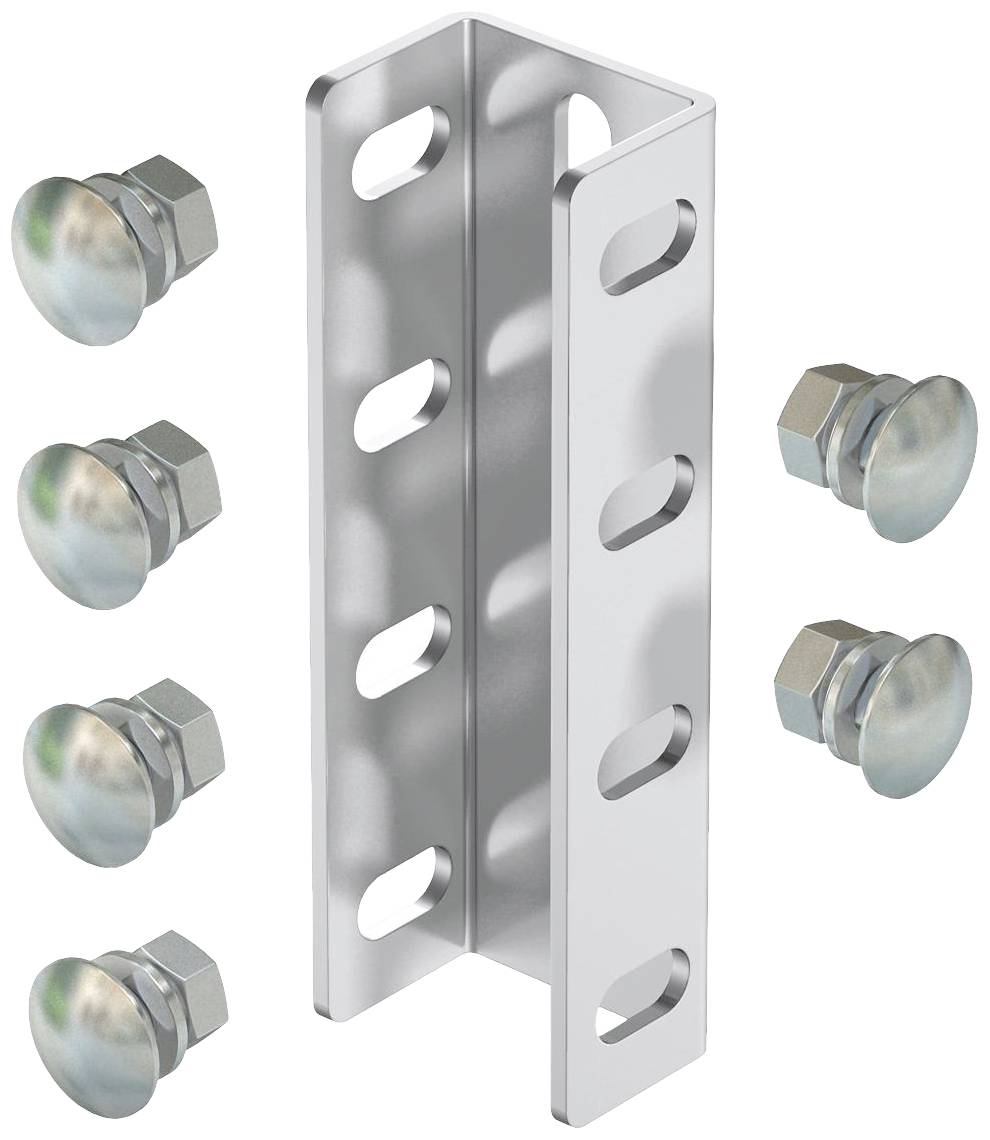 Metallwinkelhalterung mit acht Schrauben, geeignet für das Befestigen oder Stabilisieren von Konstruktionen.