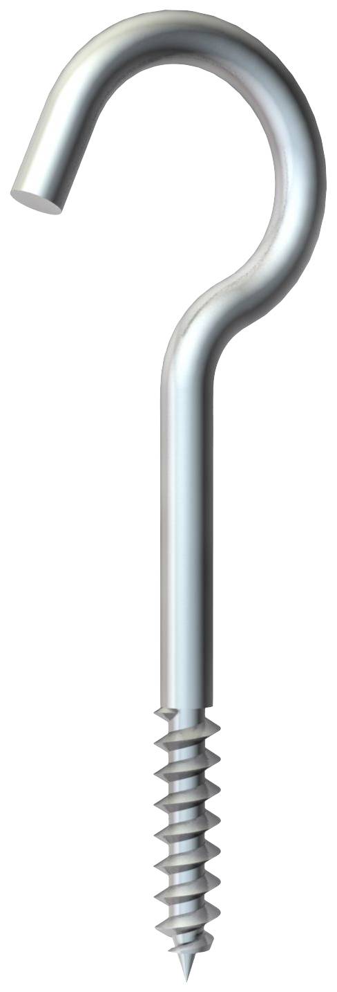 Hakenförmige Schraube aus Metall mit angespitztem Gewinde am unteren Ende.