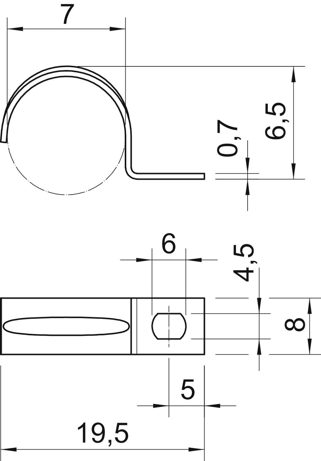 Technische Zeichnung eines Metallclips mit Bemaßungen: 7 mm Breite, 6,5 mm Höhe, Lochdurchmesser 6 mm, Gesamtlänge 19,5 mm.