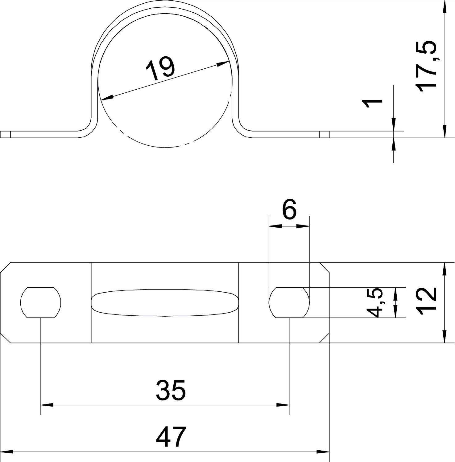 Technische Zeichnung einer Rohrschelle mit Maßen: Durchmesser 19 mm, Höhe 17,5 mm, Breite 47 mm, Bohrungen 12 mm, 35 mm Abstand.