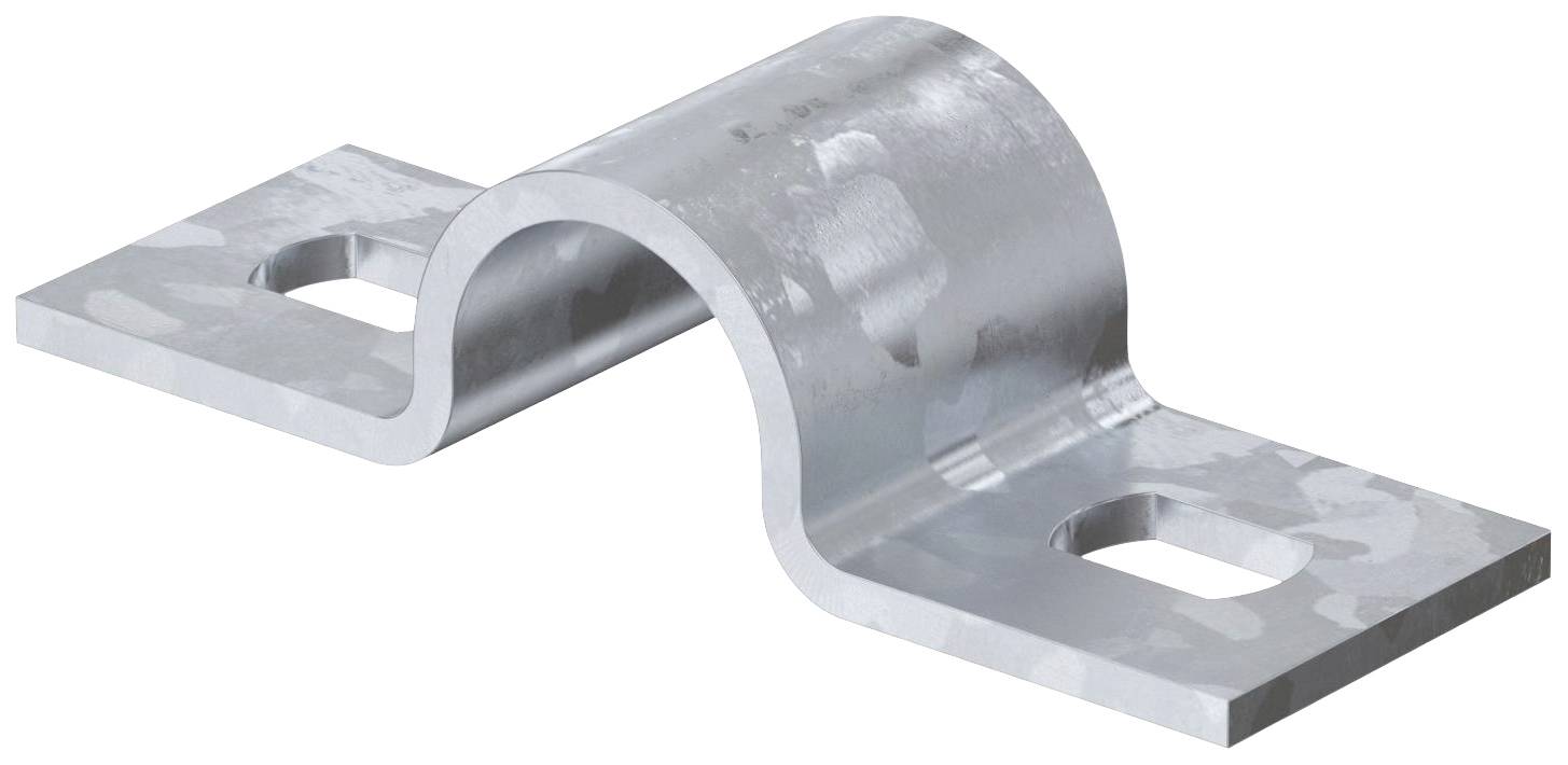 Metallklemme in U-Form mit zwei rechteckigen Befestigungsöffnungen. Verwendet zur Befestigung von Rohren oder Kabeln auf Oberflächen.