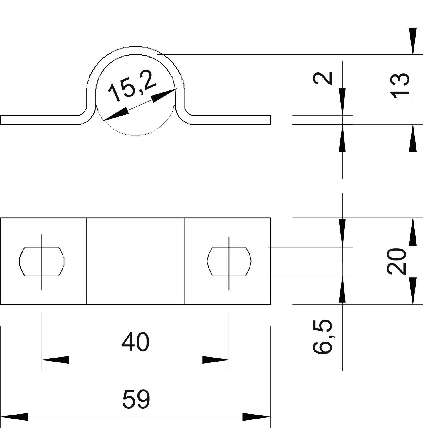 Technische Zeichnung einer Rohrschelle mit den Maßen: Durchmesser 15,2 mm, Gesamtlänge 59 mm, Halterungen 40 mm breit, 13 mm und 20 mm Abstand.
