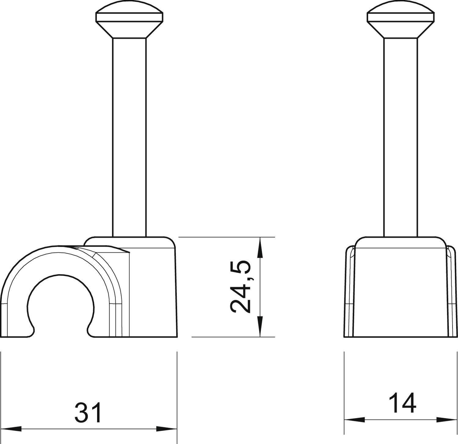 Technische Zeichnung eines Rohrclips mit zwei Ansichten, Front- und Seitenansicht. Maße: 31 mm Breite, 14 mm Höhe, 24,5 mm Länge.