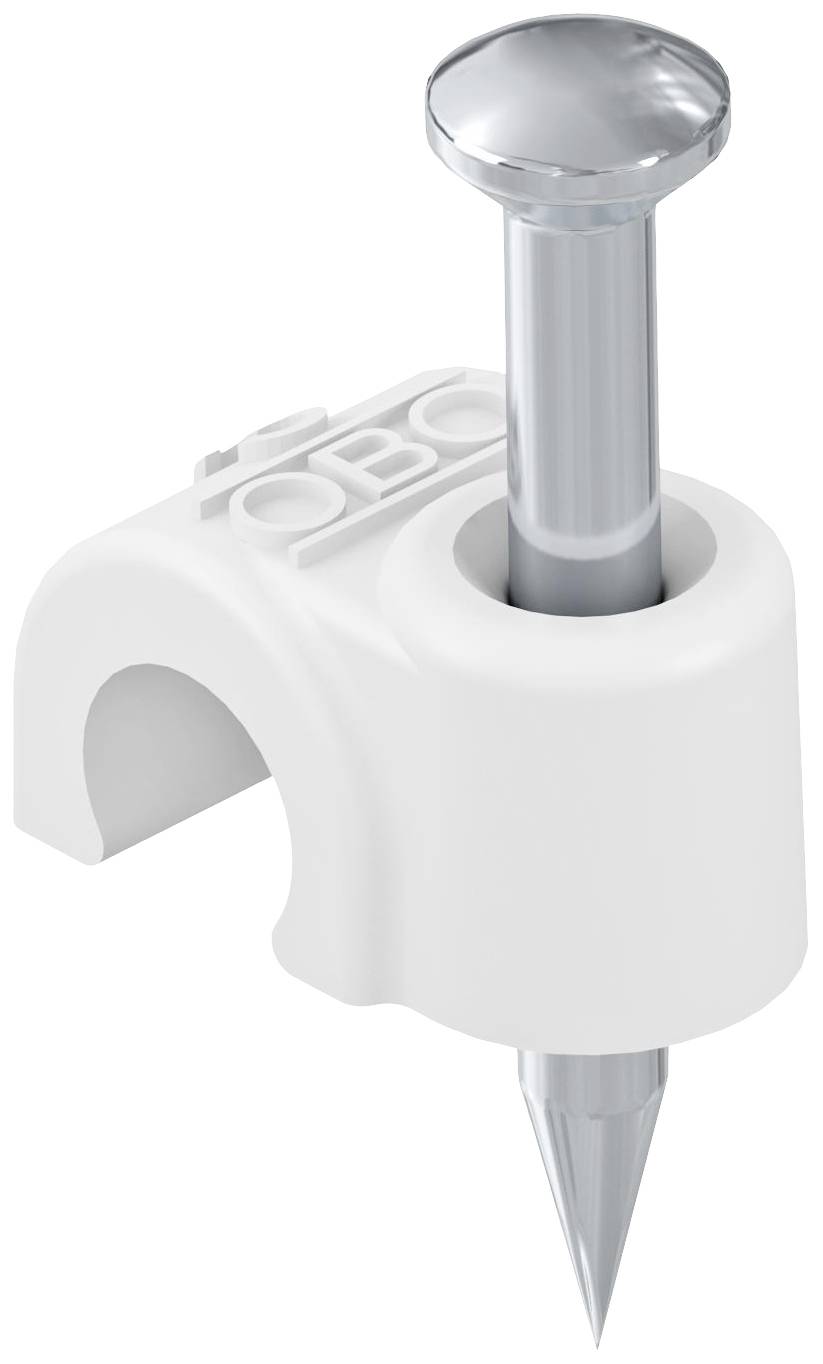 Ein weißer Kabelclip mit integriertem Nagel, für die Befestigung von Kabeln an Wänden oder anderen Oberflächen.