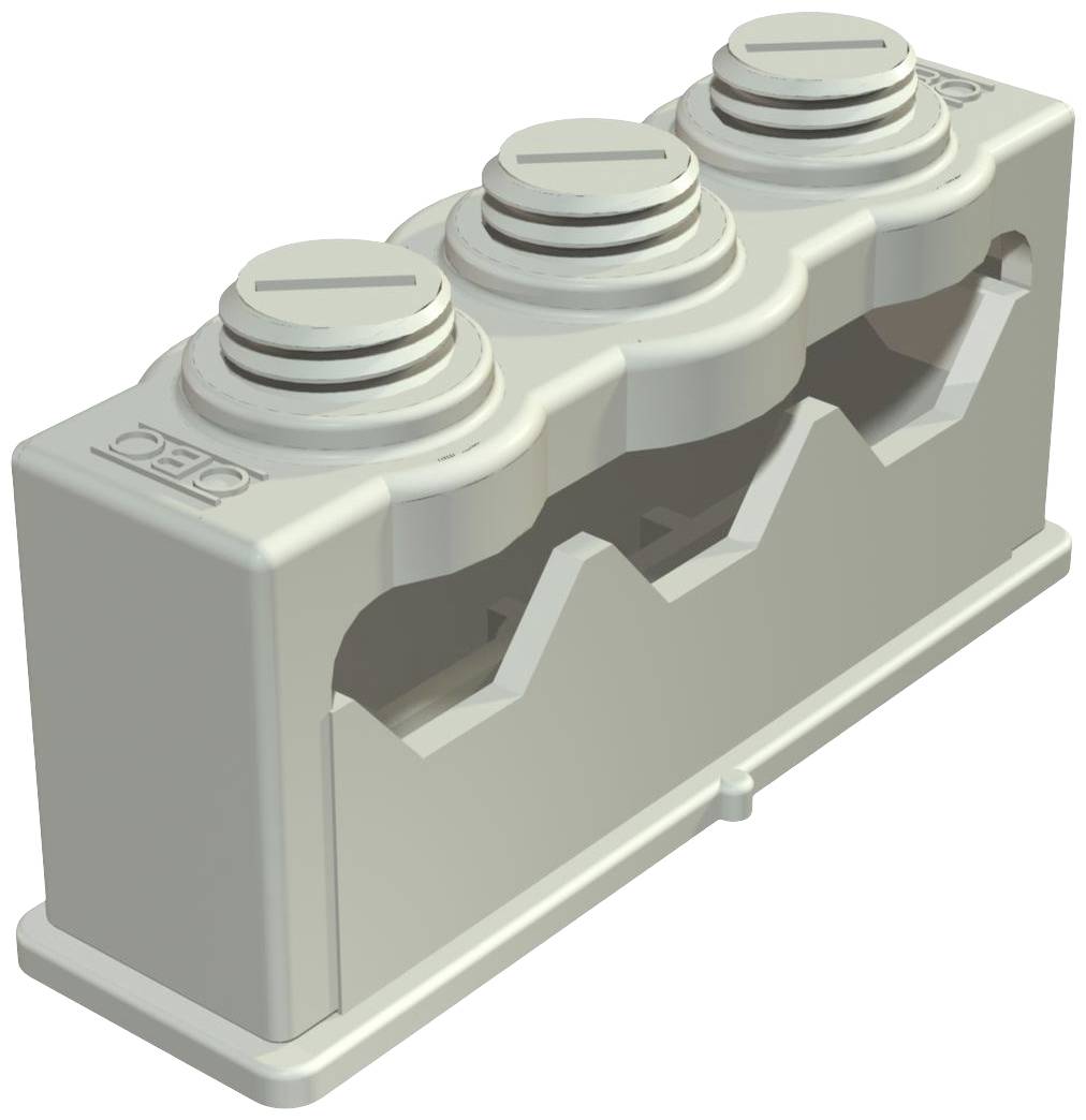 Ein graues Kunststoff-Steckklemmengehäuse mit drei Klemmbuchsen, zeigt Anschlüsse für elektrische Drähte.