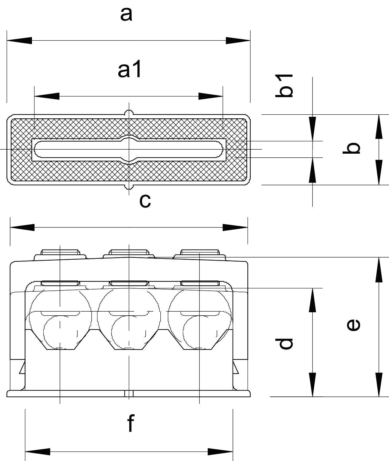 Technische Zeichnung eines rechteckigen Steckverbinders mit Maßangaben a, a1, b, b1, c, d, e und f, Vorder- und Seitenansicht.