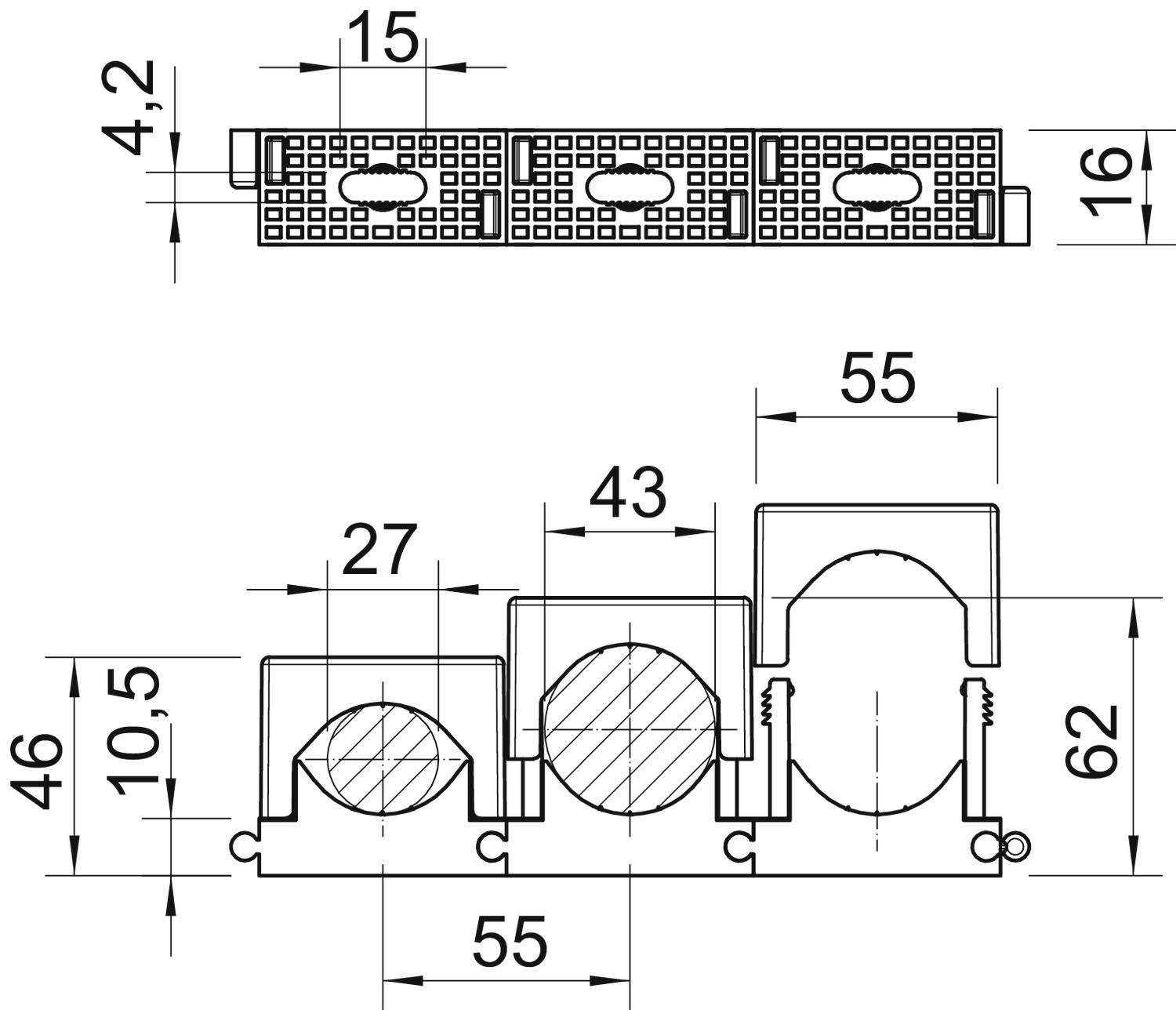 Technische Zeichnung aus zwei Ansichten: Oben zeigt eine rechteckige Form mit Maßeinheiten, unten drei unterschiedliche Profile mit detaillierten Maßen.